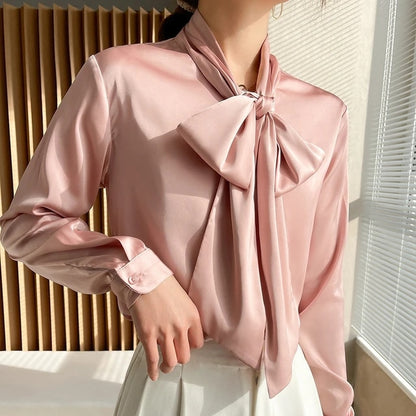 Big Butterfly Bow Tie Long Sleeves Satin Shirts For Women