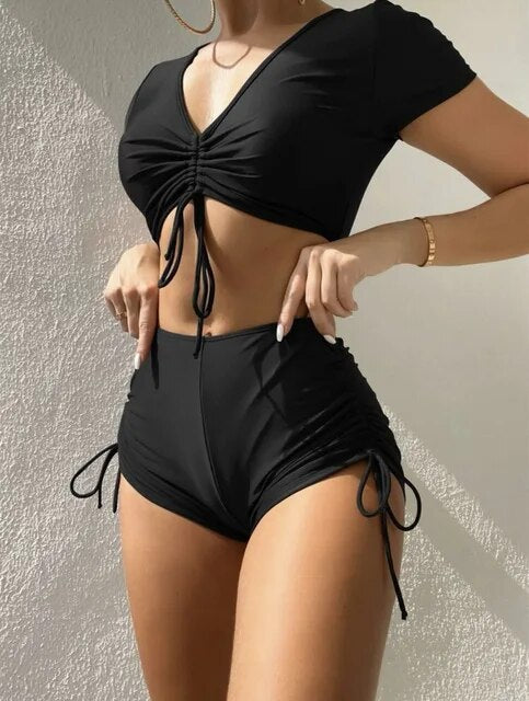 Drawstring Top Sexy Plain Bikini Sets For Women