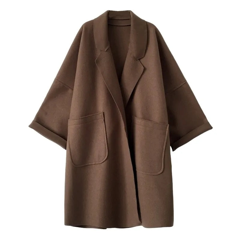 Elegant Woolen Loose Fit Mid-Length Windbreaker Coats