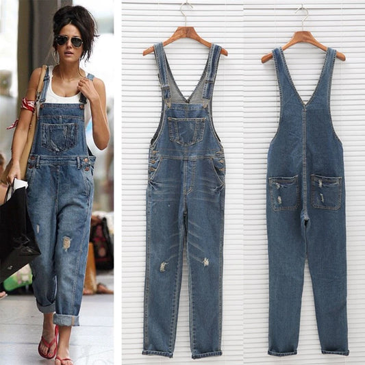 Ripped Sleeveless Strappy Denim Jumpsuits For Women