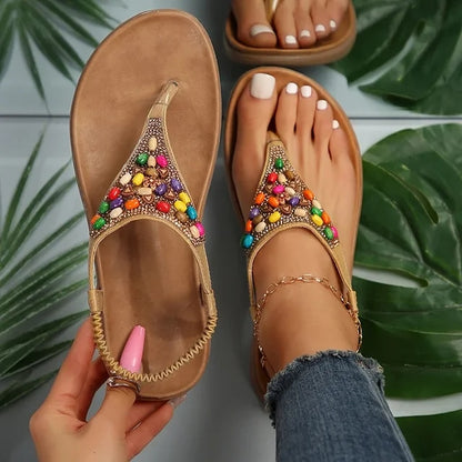 Colorful Beads Retro Bohemian Flat Heels Sandals For Women