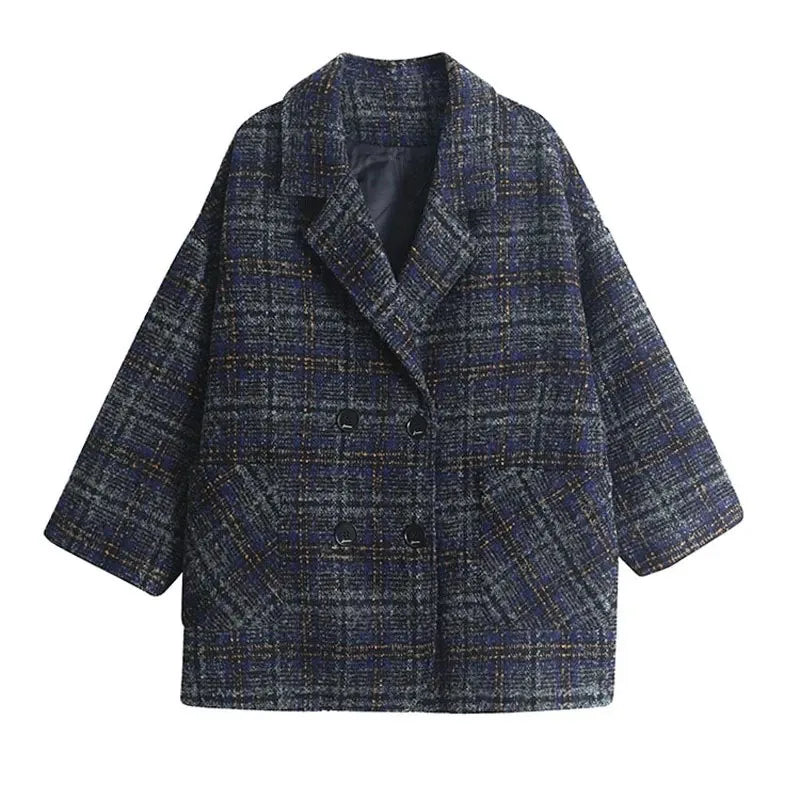 Warm Woolen Plaid Tweed Coat For Women
