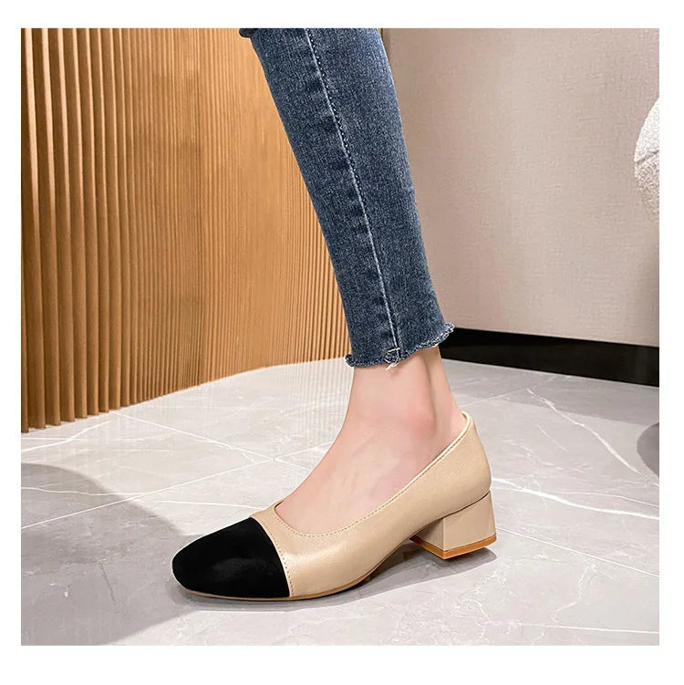 Black & Beige Harmony Thick Square Heel Leather Shoes