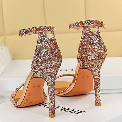 10cm High Heels Silver Bling Ankle Strappy Pump Shoes