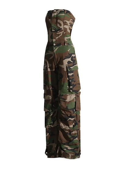 Strapless Sleeveless Camouflage Jumpsuits For Women