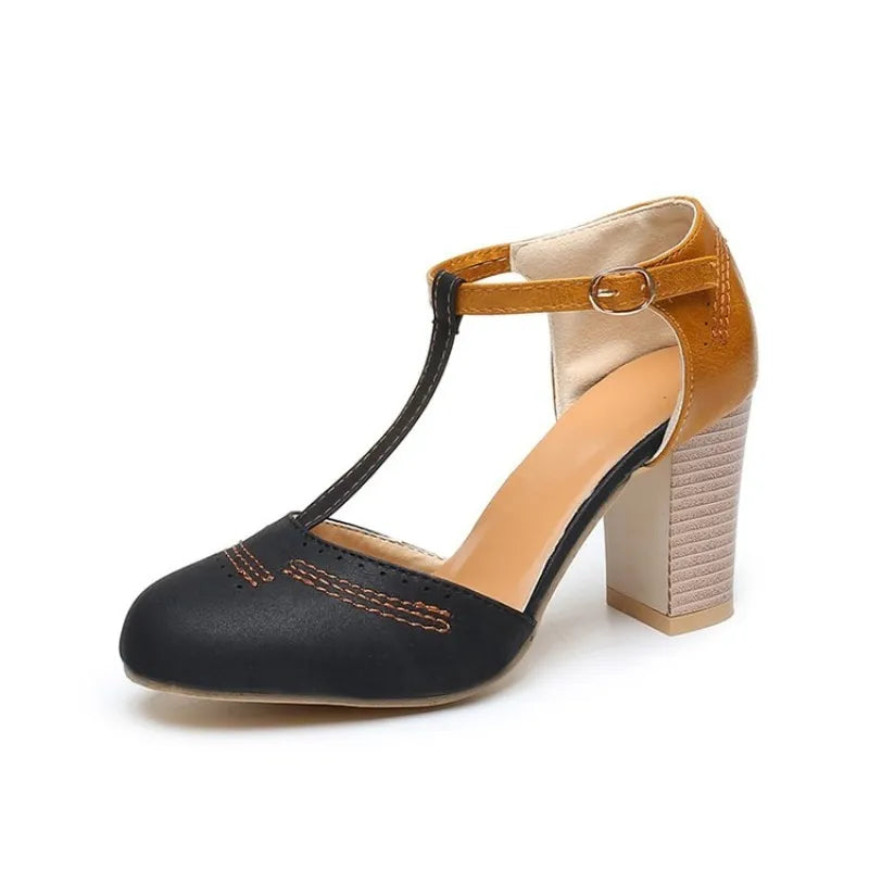 Women High Square Heel Round Toe Pump Shoes