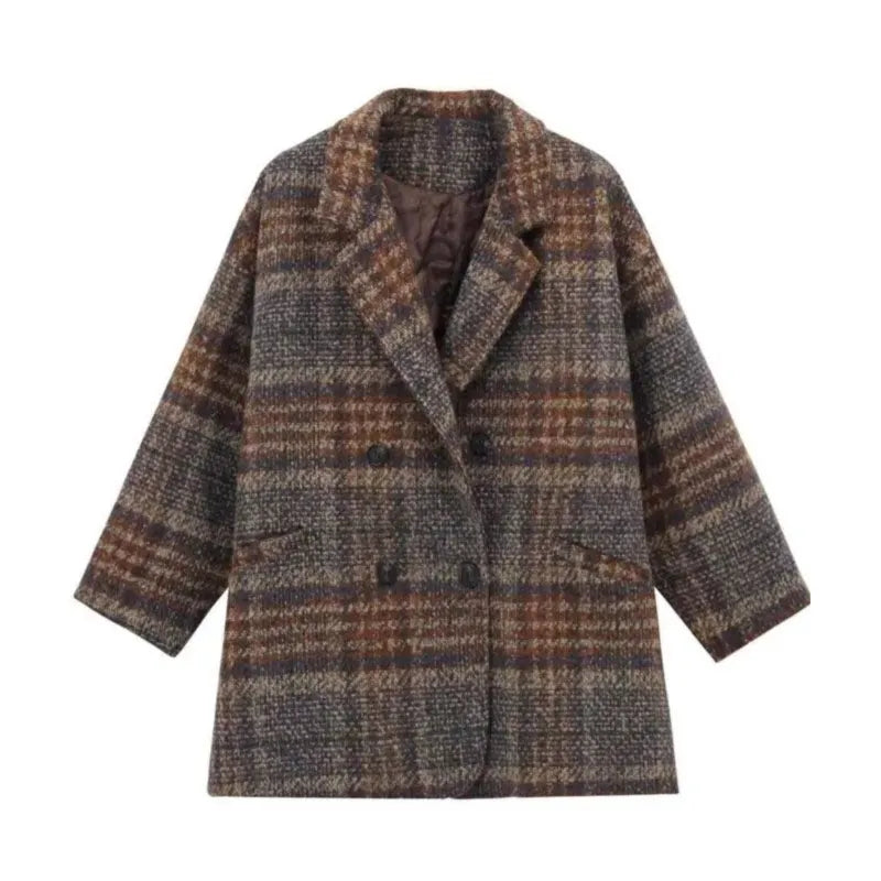 Warm Woolen Plaid Tweed Coat For Women
