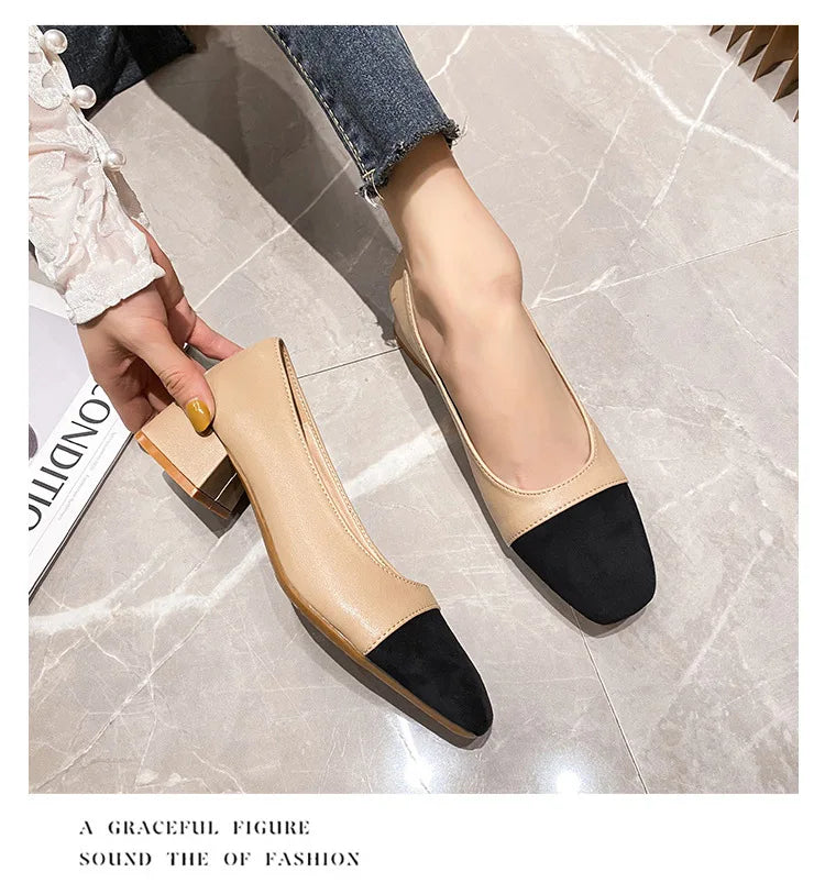 Black & Beige Harmony Thick Square Heel Leather Shoes