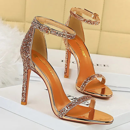 10cm High Heels Silver Bling Ankle Strappy Pump Shoes