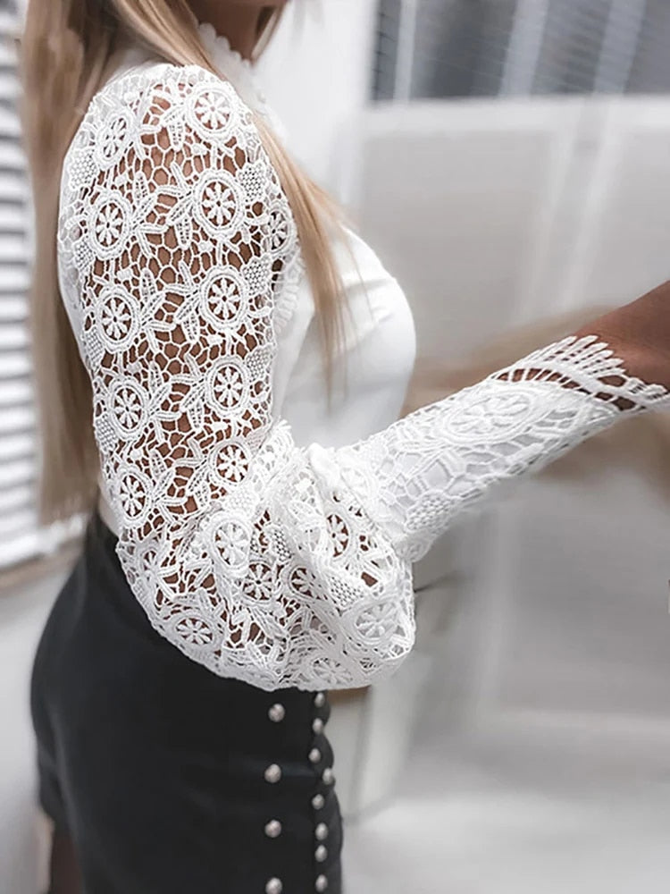 Elegant Lace Design White Office Style Women Shirts