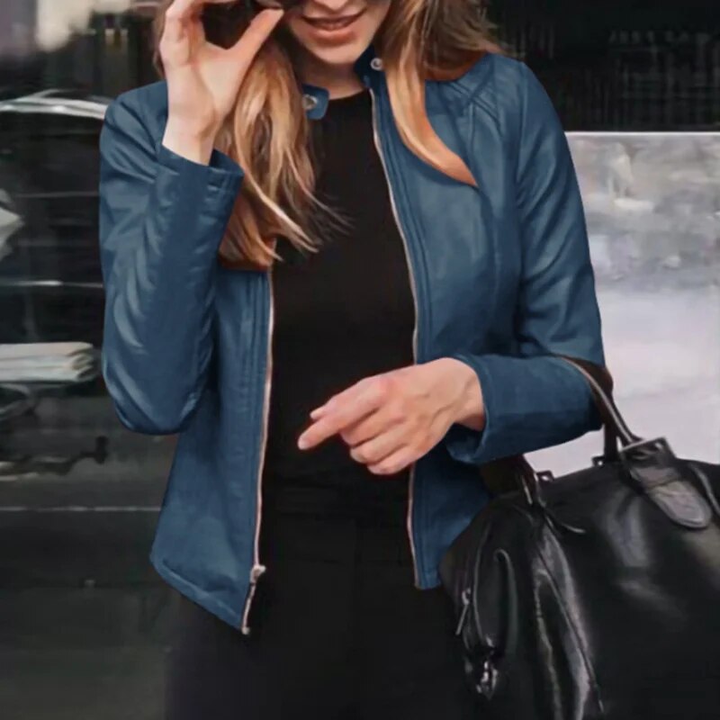 Zipper Closure Slim Fit Faux Leather Jacket For Women