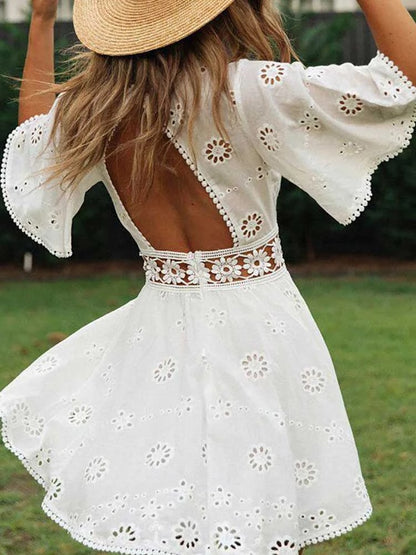 Womens Sexy Flare Sleeve Cotton White Lace Mini Dress