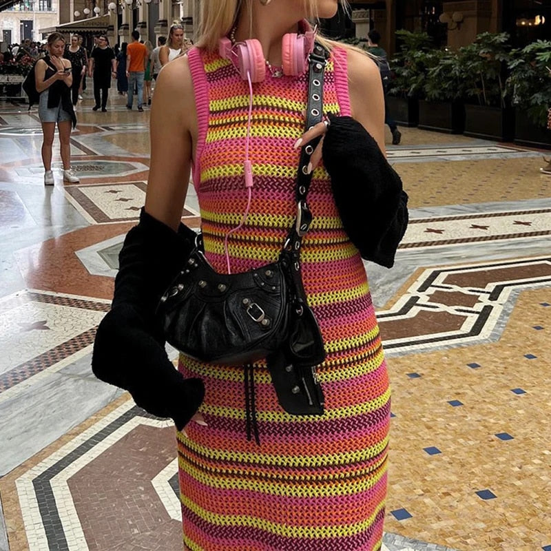 90s Vibes Striped Knitted Maxi Dress for Women