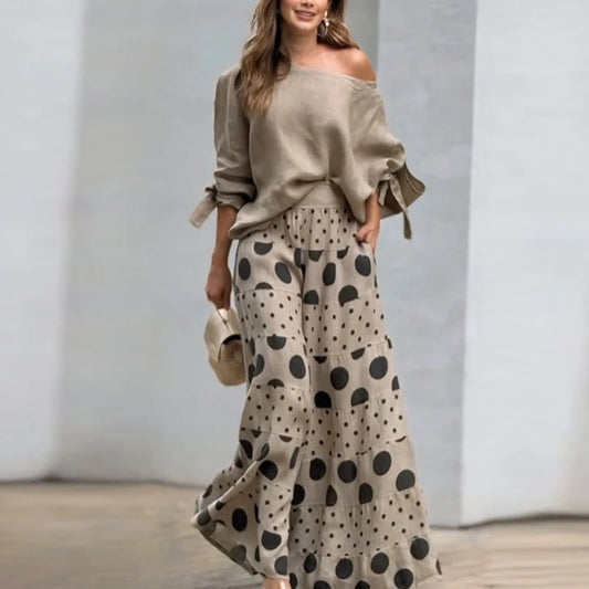 2025 Polka Dot Two-Piece Set for Women High Street Style One-Shoulder Hollow Top & Wide Leg Pants