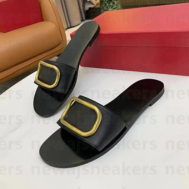 Luxury Leather Slide Sandals for Women – Chic Summer Flats, Classic Designer Slippers in Black & Brown