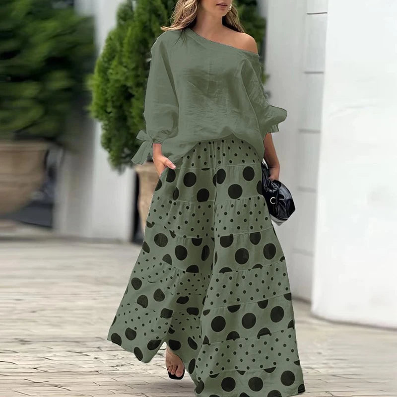 2025 Polka Dot Two-Piece Set for Women High Street Style One-Shoulder Hollow Top & Wide Leg Pants