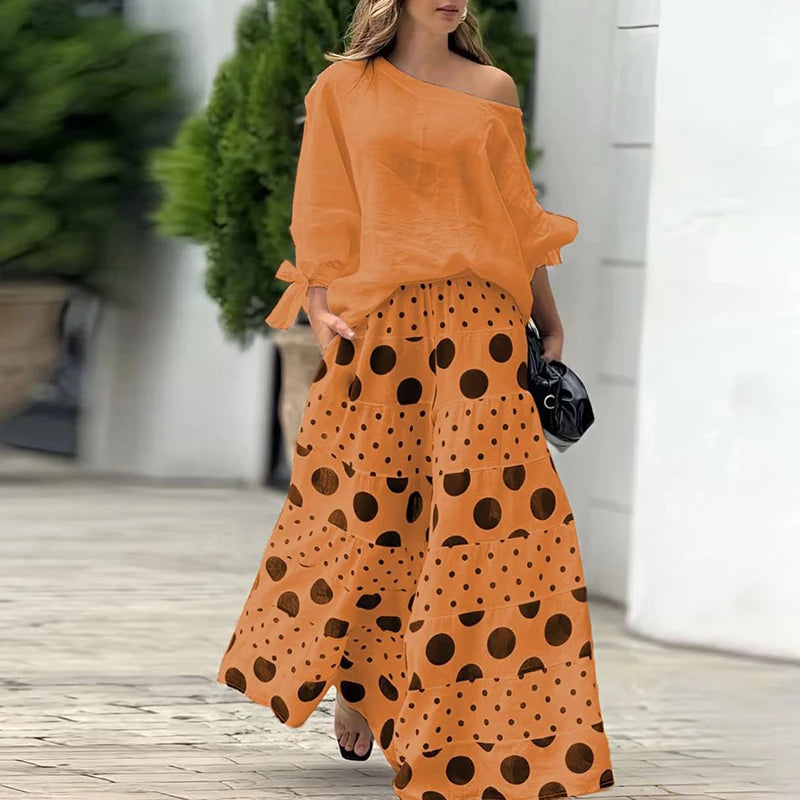 2025 Polka Dot Two-Piece Set for Women High Street Style One-Shoulder Hollow Top & Wide Leg Pants