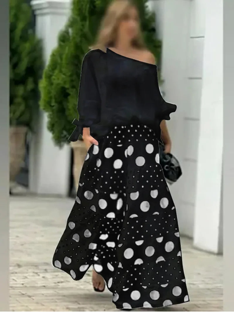 2025 Polka Dot Two-Piece Set for Women High Street Style One-Shoulder Hollow Top & Wide Leg Pants