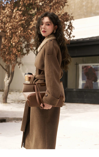 Women's Woolen Long Coat Thick Warm Overcoat with Lamb Fur Collar Loose Winter Fashion