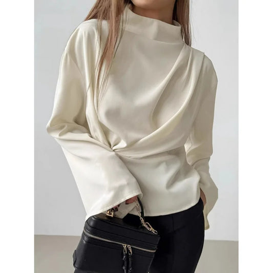 2025 Spring Women's Chiffon Flared Sleeve Blouse | Apricot Color Tie Waist Stand Collar Shirt