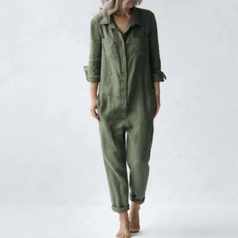 Cotton Linen Vintage Women's Jumpsuit – Single Breasted Button Design, Turn-Down Collar, Long Sleeve Romper with Pockets