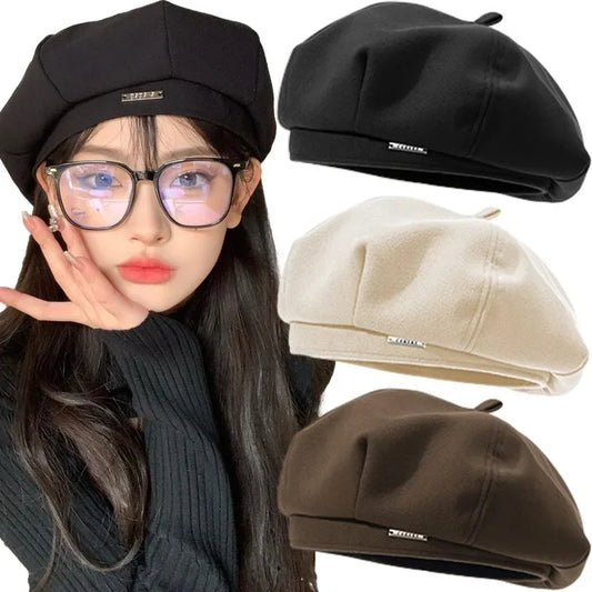 Korean Classic Black Beret – Premium Feel, Thin Solid Color, Trendy Versatile Painter Hat for Women