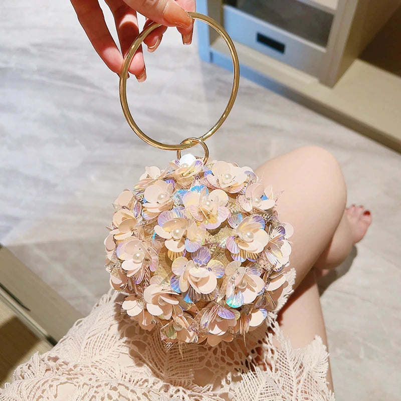 Mini Sequin Flower Evening Bag - Elegant Round Clutch Purse for Wedding, Party & Prom