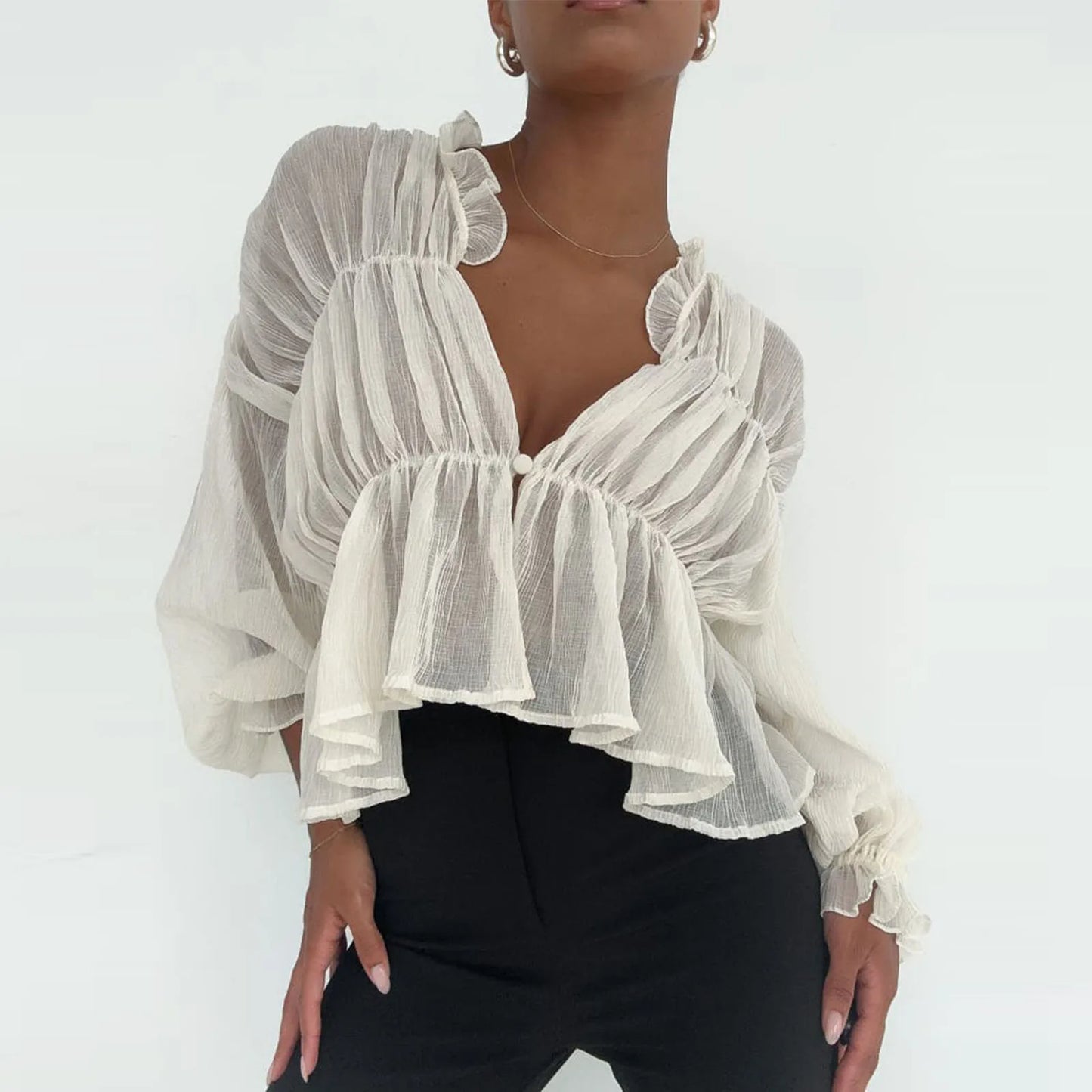 Chic Women's Ruffle Crop Top | V-Neck Puff Sleeve See-Through T-Shirt Blouse for Elegant Streetwear