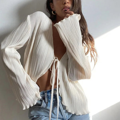 Spring/Fall Women's Pleated V-Neck Shirt | Chic Long Flare Sleeve Tie-Up Cardigan Top for Casual & Party Street Style