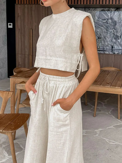 2025 Linen Two-Piece Set for Women Summer Holiday Outfit Crop Top & Wide-Leg Pants Matching Set