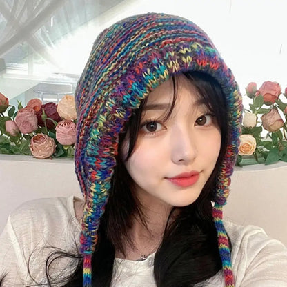 New Thick Knit Hat – Stylish Cozy Women's Winter Beanie, Rainbow Lace-Up, Windproof & Foldable