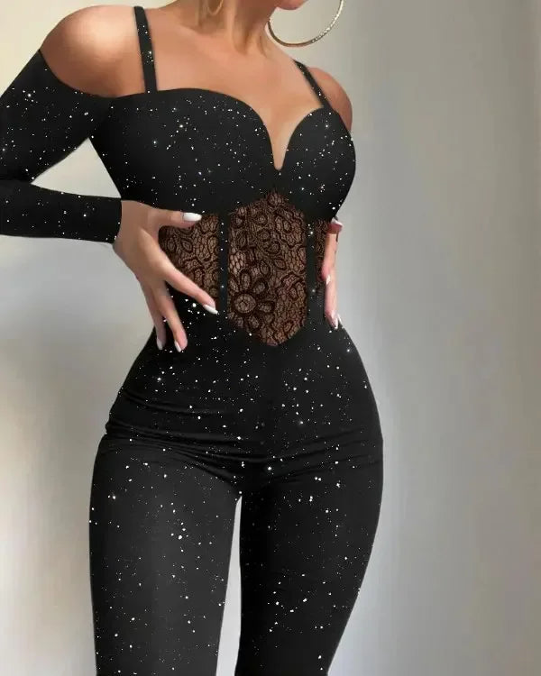 2025 Women's Lace Hollow Fashion Jumpsuit Glitter Knitted Sleeveless High Waist Pants Outfit