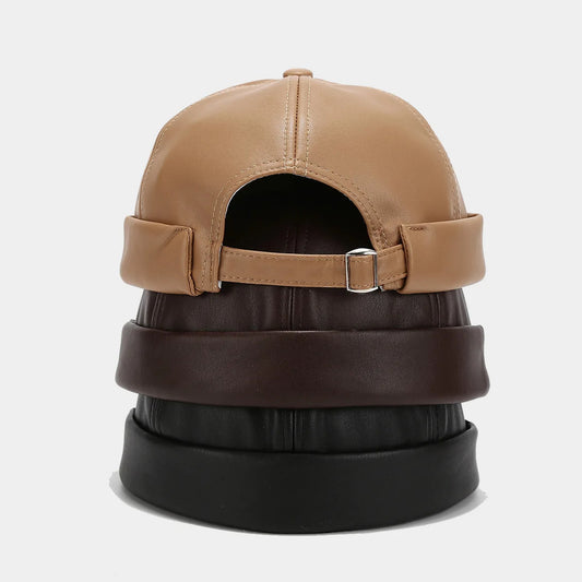 Solid Color PU Leather Landlord Hat – Unisex Retro Melon Cap, Adjustable Autumn Winter Docker Hat