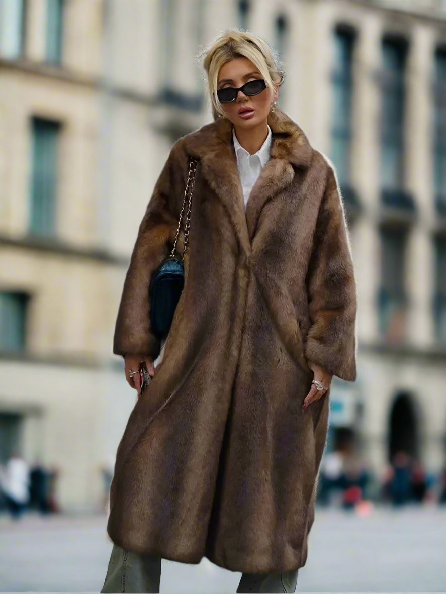 Women's Dark Brown Faux Fur Long Overcoat