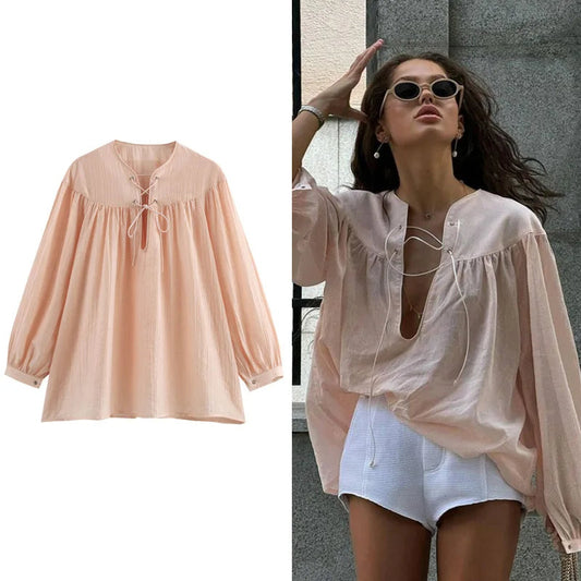 2025 Spring Women's Elegant Lace-Up Blouse | Loose-Fit Long Sleeve O-Neck Shirt Fashion Top