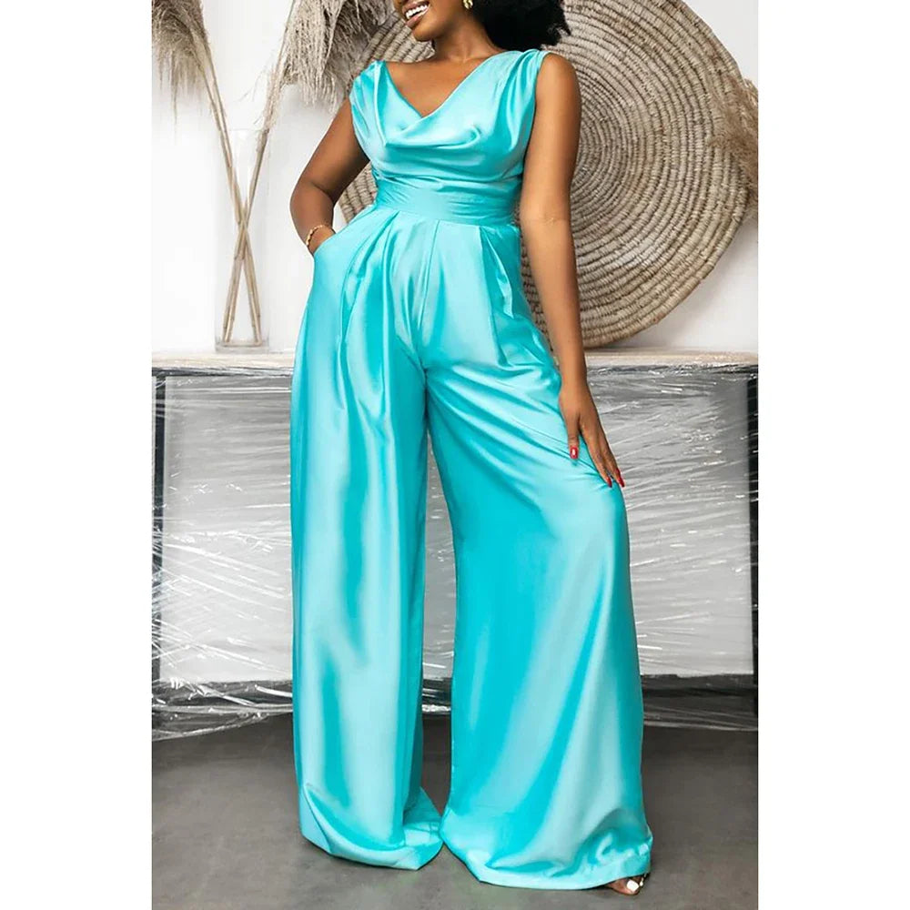 Plus Size Summer Fashion Women's Jumpsuit – Sleeveless Satin High Neck, Wide Leg Casual Cyan Romper