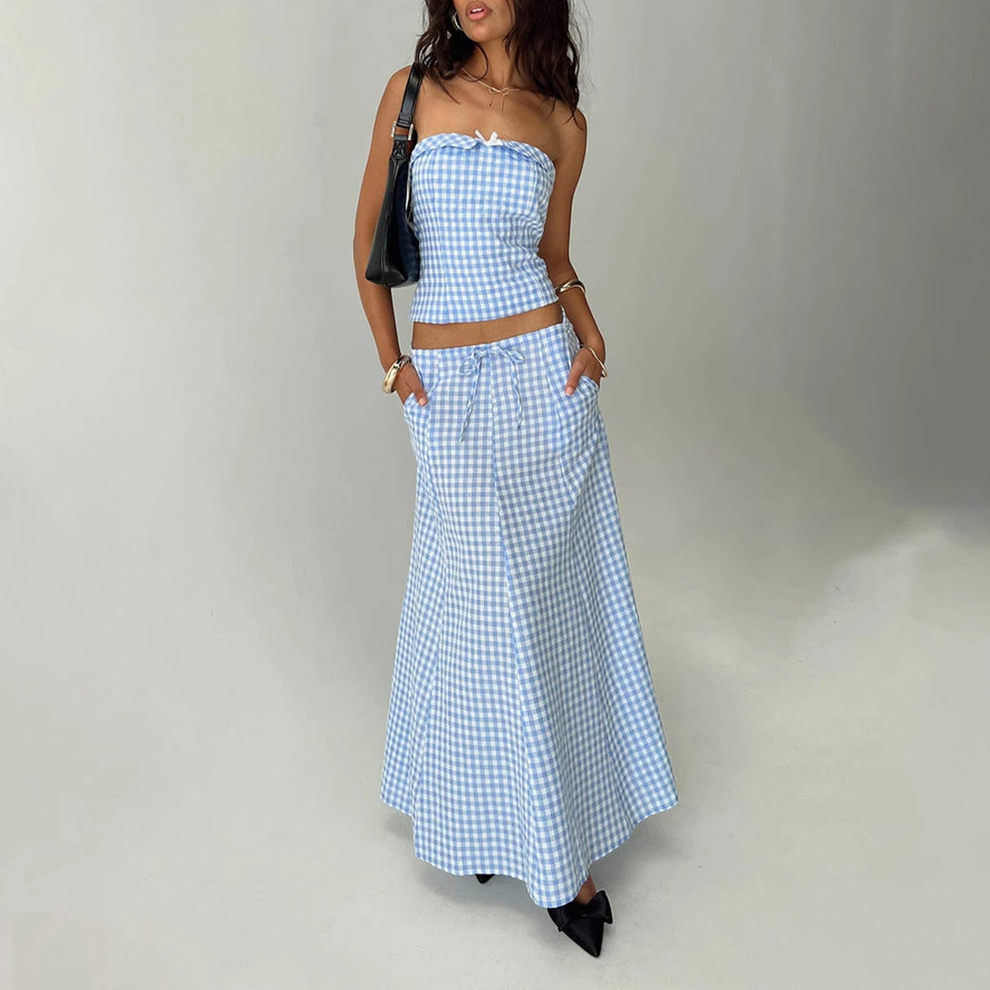 2025 Y2K Plaid Two-Piece Set for Women Crop Tube Top & Flowy Maxi Skirt Aesthetic Summer Outfit