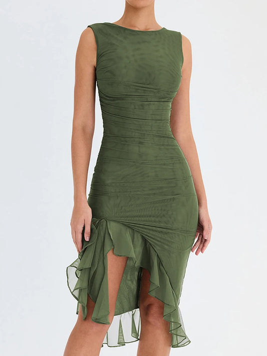 Elegant Ruffle Ruched Midi Dress – Backless Sleeveless Sexy Summer Party Dress