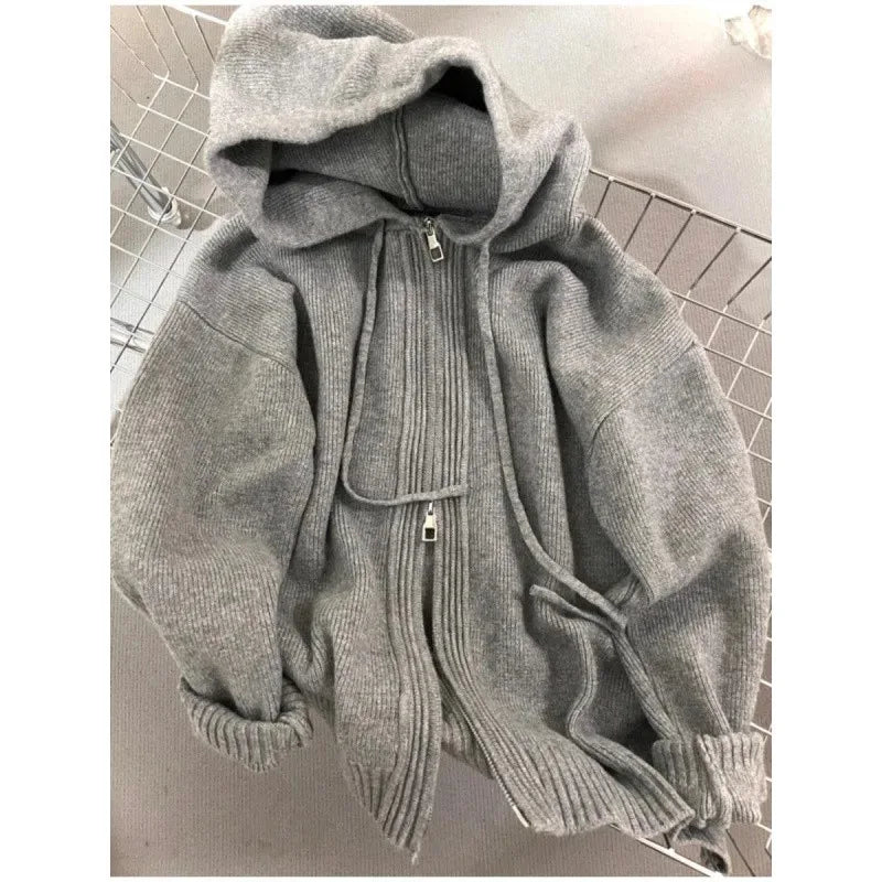 2025 Women's Gray Knitted Cardigan – Hooded Zipper Sweater, Casual Loose Vintage Y2K Jacket