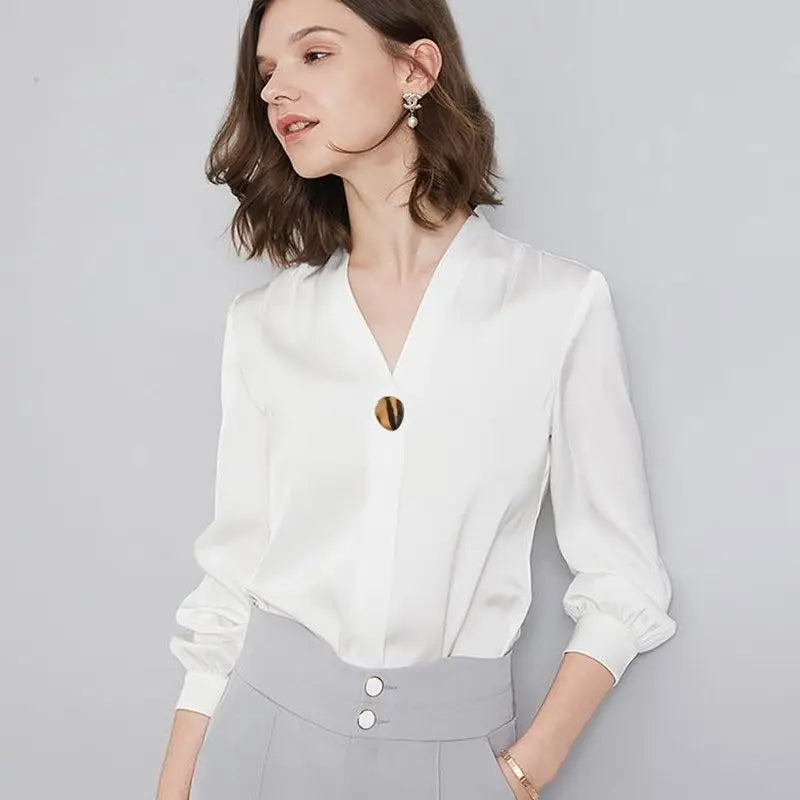 Spring/Summer Women’s Chiffon Loose-Fit Shirt | Solid Color Long Sleeve Office Lady Top for All-Match Fashion