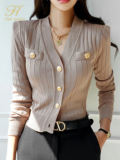 2025 Korean Chic V-Neck Knit Cardigan for Women Casual Long Sleeve, Vintage Autumn Fashion