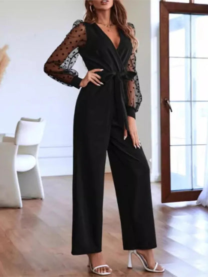 Sheer Sleeve Black Straight Jumpsuits