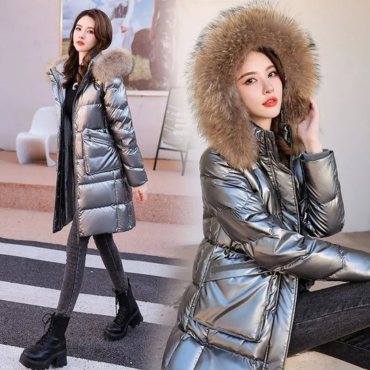 New Winter Fashion Women's Mid-Length Down Coat Fur Collar Bright Finish Thick & Warm