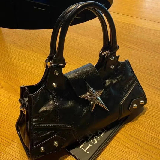 Y2K Korean Gothic Star Black Bag - Aesthetic Vintage Fairy Grunge Punk Shoulder Tote for Women