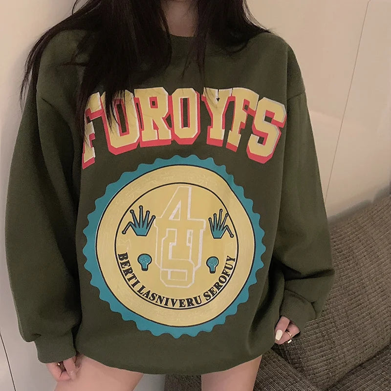 2025 Oversized Printed Sweatshirt for Women Casual Streetwear Loose-Fit Pullover