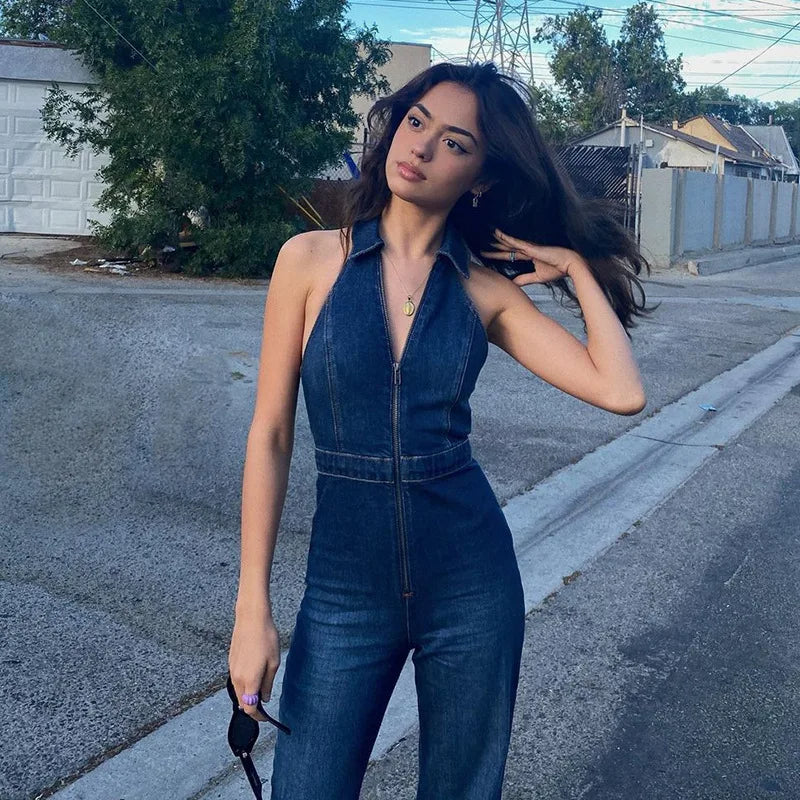 2025 Sexy Denim Jumpsuit for Women Sleeveless V-Collar Zip-Up Lapel Y2K Chic Wide-Leg Overalls