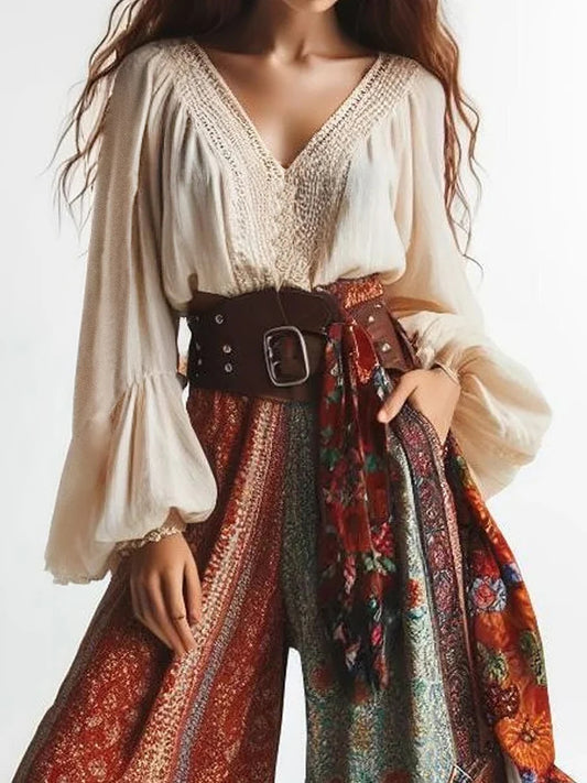 Boho Lantern Sleeve V-Neck Blouse | Solid Color Patchwork Ethnic Style Women’s Top for Spring, Summer & Autumn