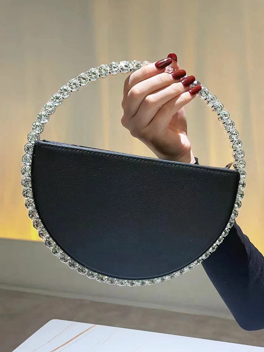 Rhinestone Round Ring Evening Clutch - Trendy Faux Leather Handbag for Women, Party, Prom & Wedding