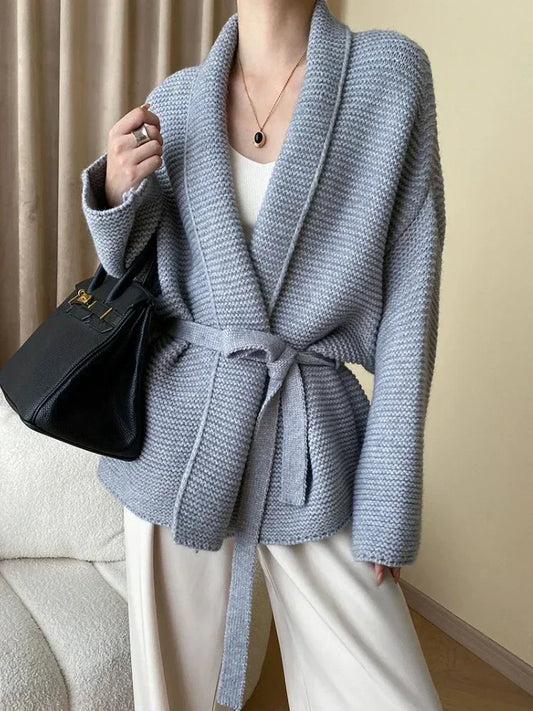 2025 Oversized Gray Knit Cardigan for Women Waist-Tie Design, Loose-Fit, Warm Autumn Fashion