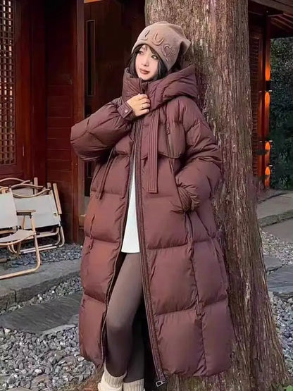 Women's Long Winter Down Jacket Loose Fit Hooded Thick & Warm White Duck Down Coat